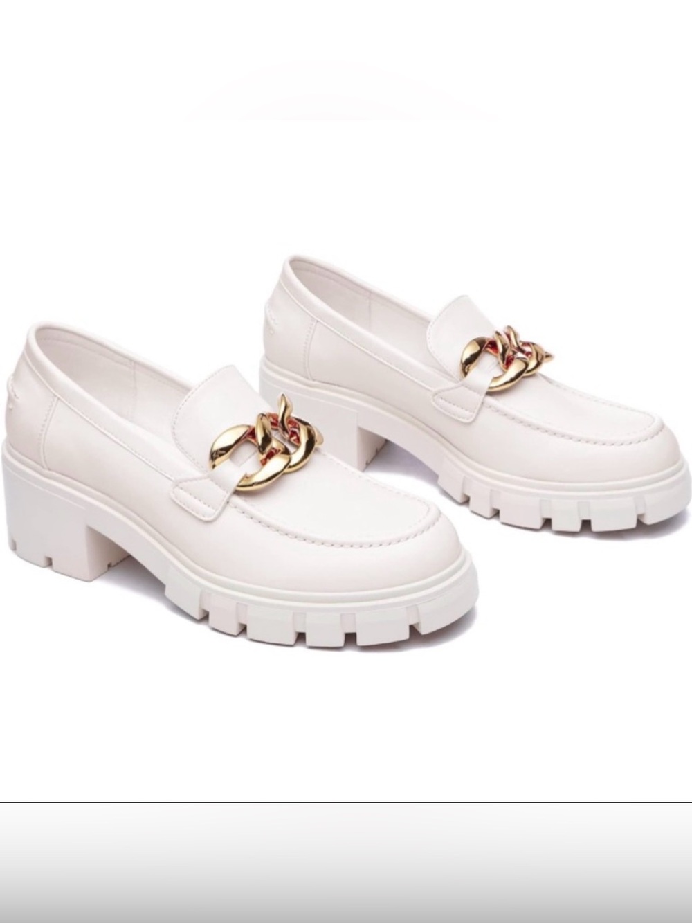 Athlefit White Lug Sole Loafers with Gold Chain Accent